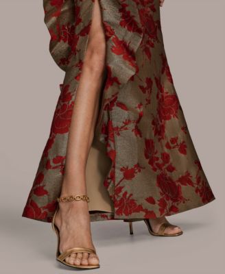 Women's Strapless Floral Gathered Ruffled Gown with Split Hem Dress