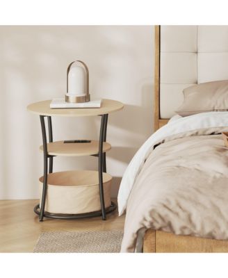 Side Table with Charging Station, 3-Tier Round End Table, Natural