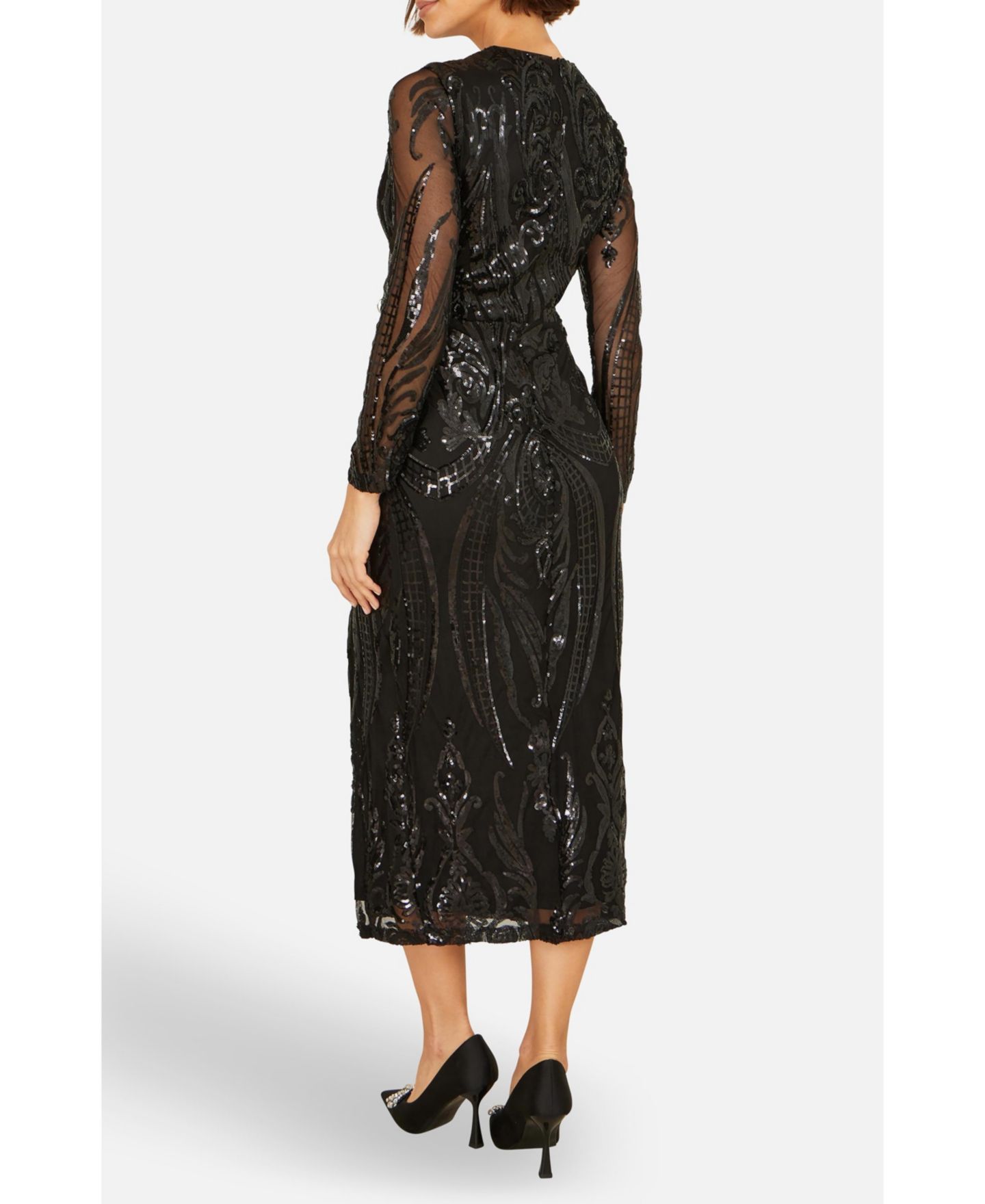 Женское платье Yumi Sequin Midi Long Sleeve Wrap, цвет: Чёрный — фото 4