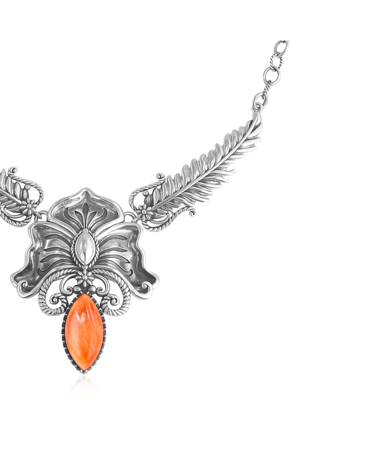 American West Jewelry Sterling Silver Orange Spiny Oyster Cactus Flower Marquise Feather Necklace, 20 Inches