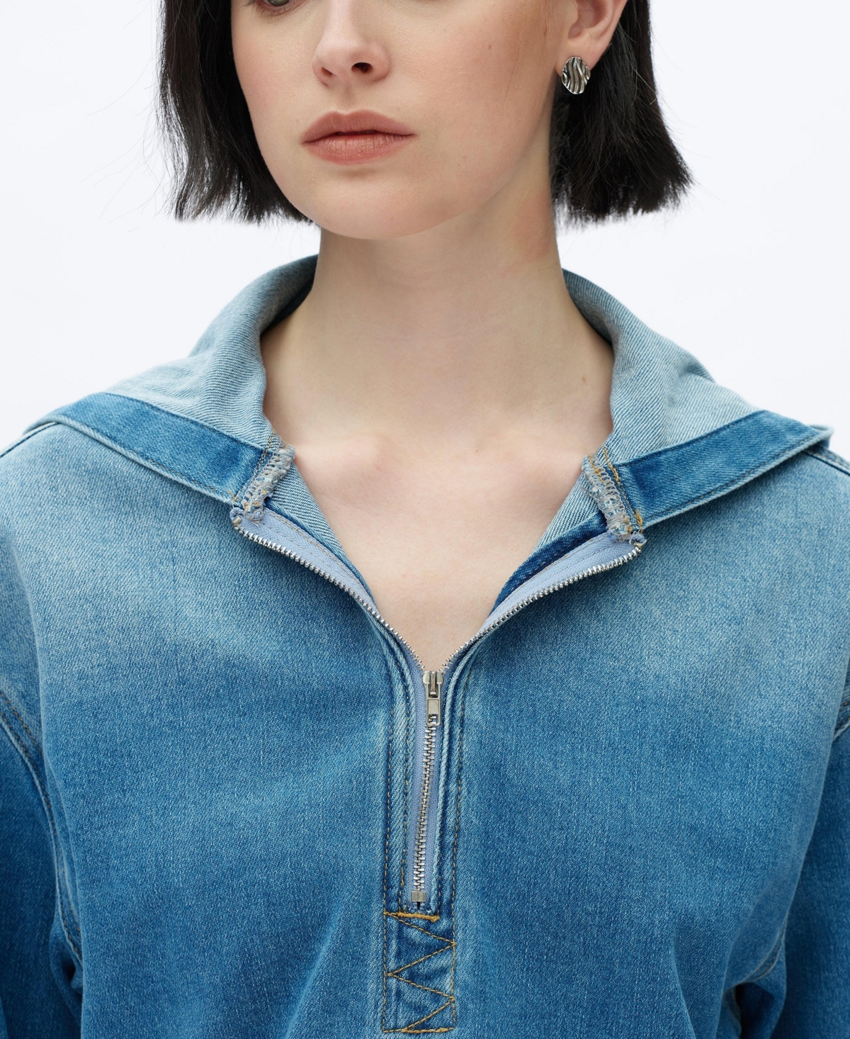 Bayeas Women's Vintage-Wash Cropped Denim Zip-Front Hoodie Jacket