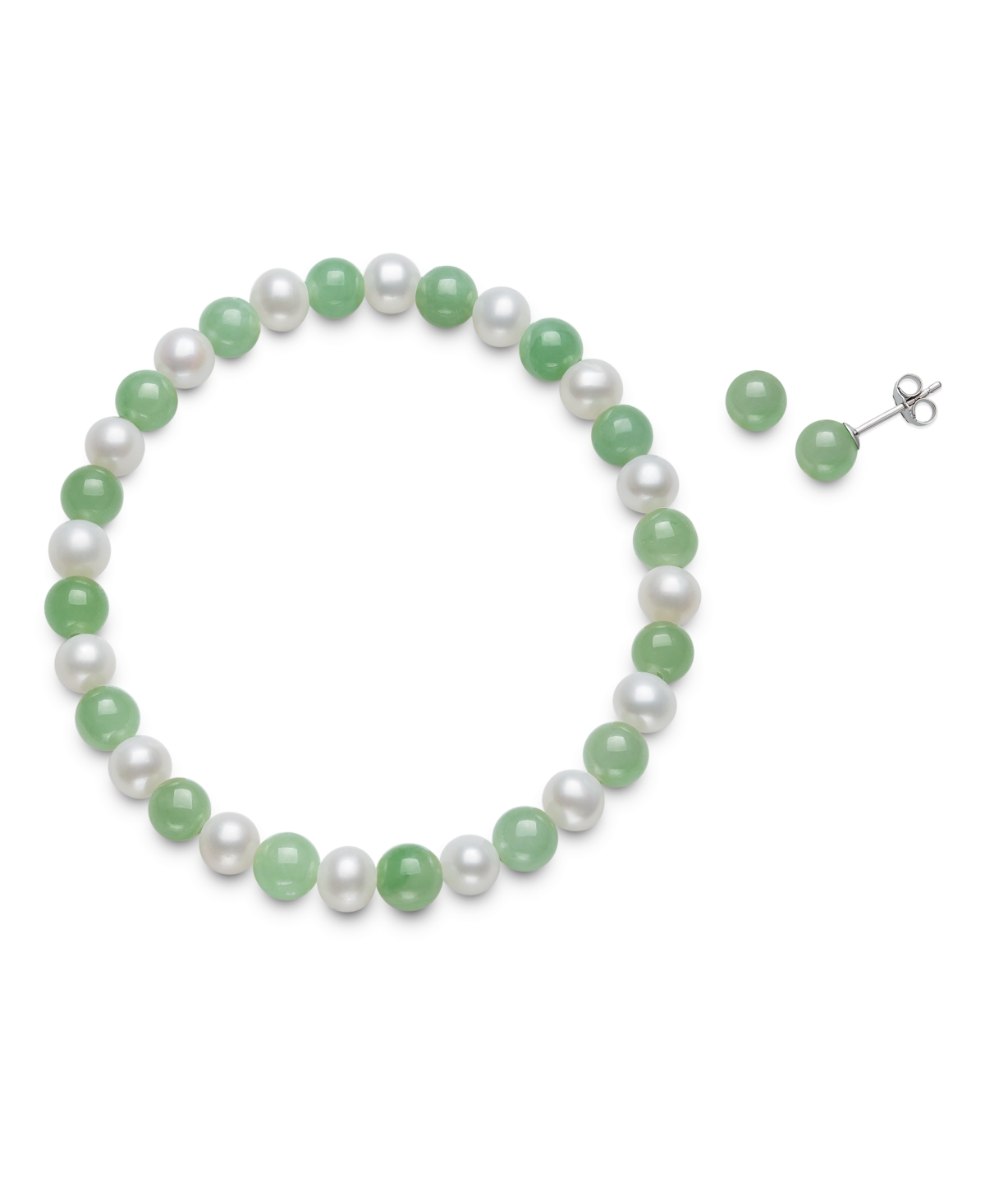 Macy's Cultured Freshwater Pearl (6-7mm) And 6mm Jade Stretch Bracelet And Stud Set In Sterling Silver In Green