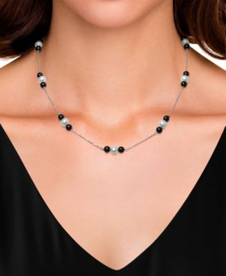 Cultured Freshwater Pearl (6-7mm) and Onyx Station Necklace in Sterling Silver
