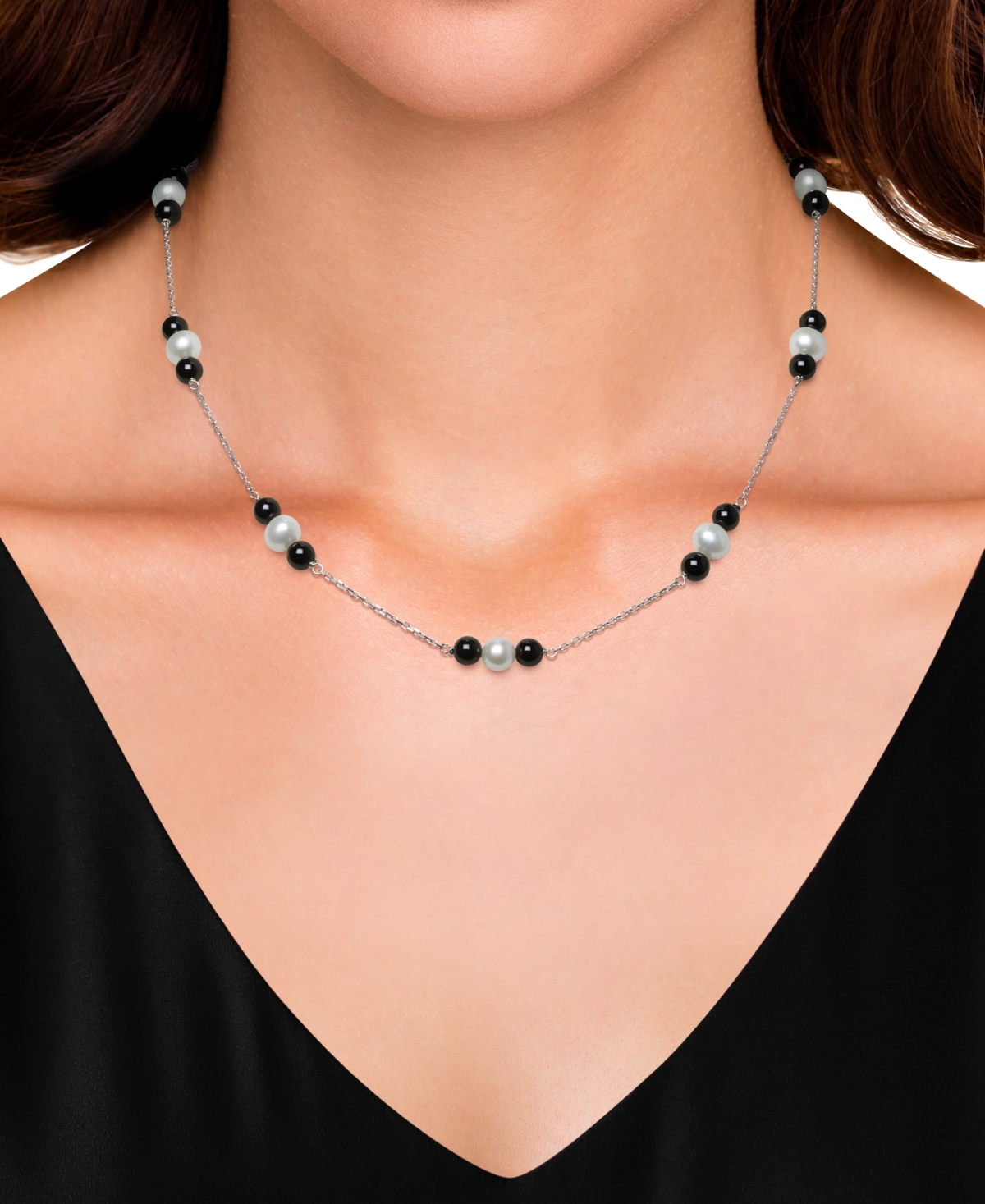 Macy's Cultured Freshwater Pearl (6-7mm) And Onyx Station Necklace In Sterling Silver In Silver