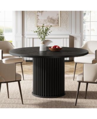 Black Round Dining Table for 4-6 People, Modern Fluted MDF + Metal Base Kitchen Table (Only Table)