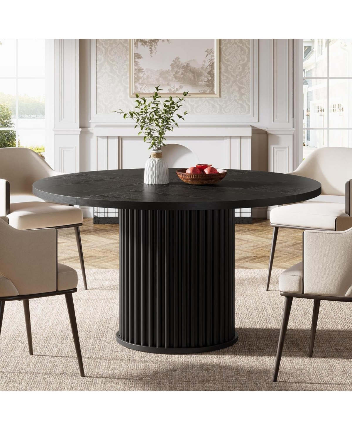 Tribesigns Black Round Dining Table for 4-6 People, Modern Fluted Mdf + Metal Base Kitchen Table (Only Table)