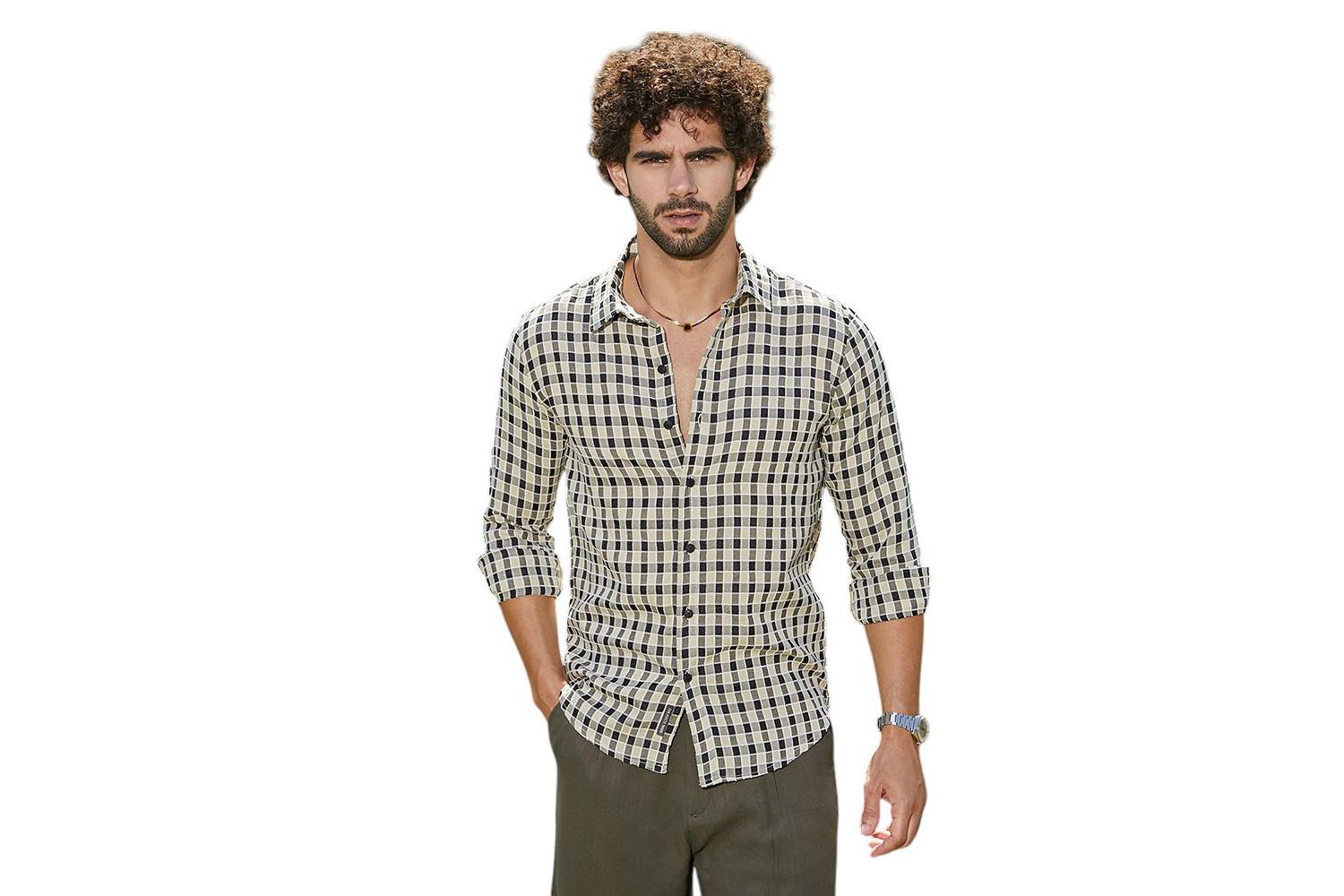 Men's Navy Blue & Cream White Glen Check Shirt