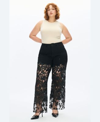 Plus Size High-Rise Embroidered Lace Rhinestone Wide-Leg Jeans