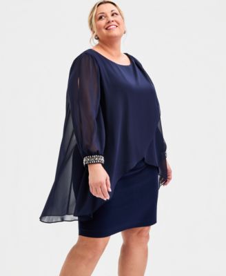 sl fashions plus size dresses Plus Long Fit and Flare Dress With Illusion Flutter Sleeves, Embellishment  Detail at Shoulders and Front Slit