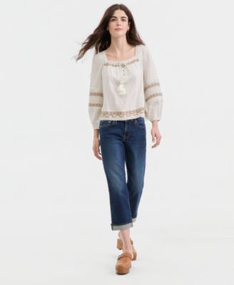 Women's Embroidered Square-Neck Peasant Top