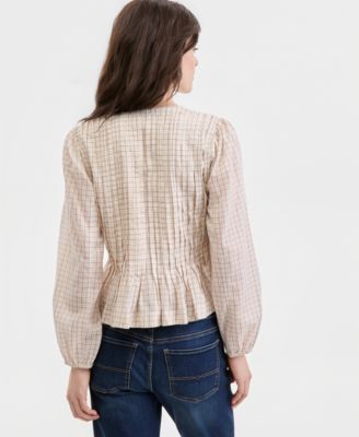 Women's Cotton Plaid Pintucked Long-Sleeve Top