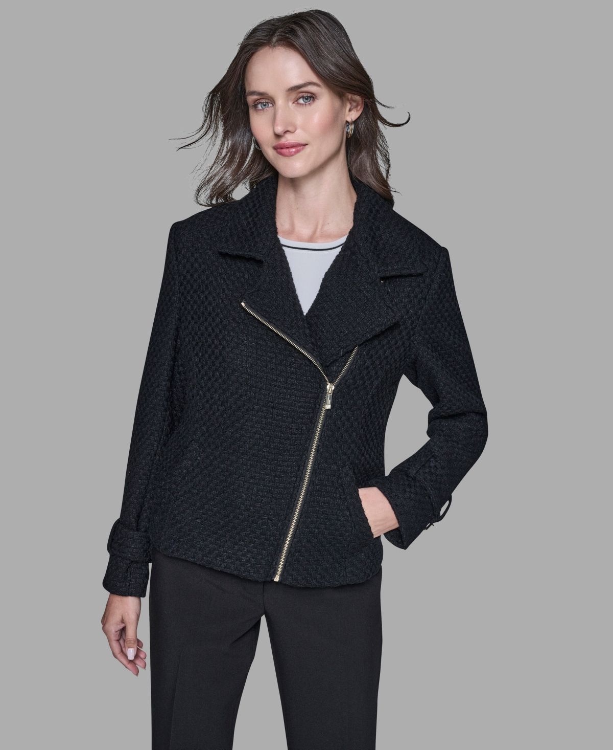 Karl Lagerfeld Paris Women's Tweed Moto Long-Sleeve Jacket
