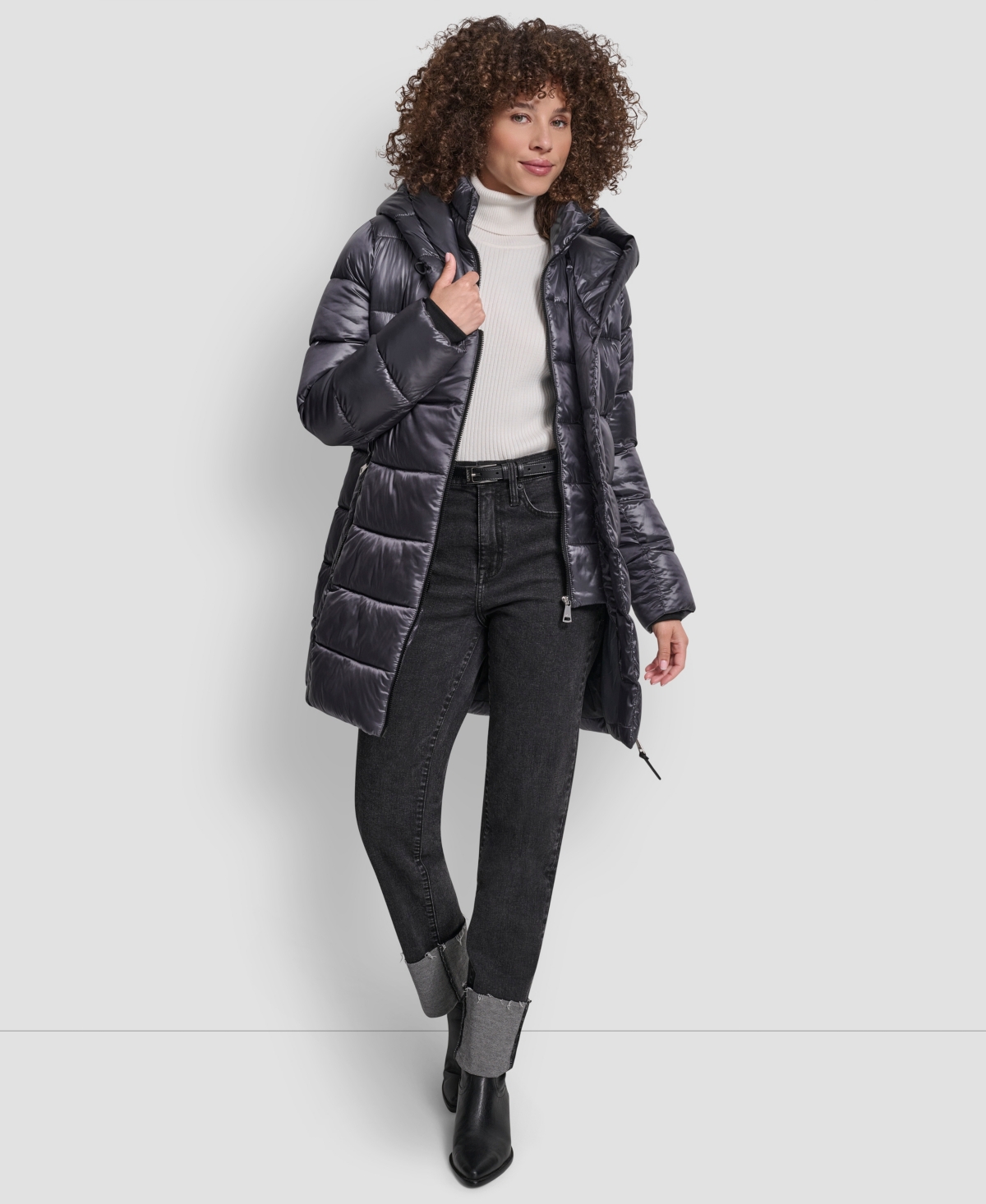 Dkny Women's Bibbed Shawl-collar Packable Shine Puffer Coat In Blue