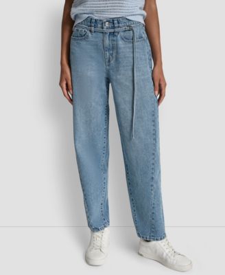 Women's Mid-Rise Forward Seamed Barrel Jeans With Self Belt