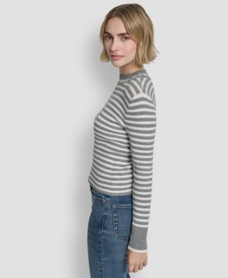 Women's Long-Sleeve Mock Neck Rib Striped Sweater