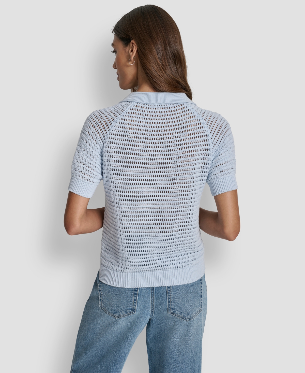 Dkny Jeans Women's Short-Sleeve Polo Collar Faux Crochet Stitch Sweater