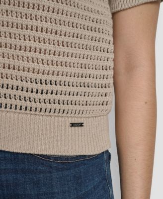 Women's Short-Sleeve Polo Collar Faux Crochet Stitch Sweater