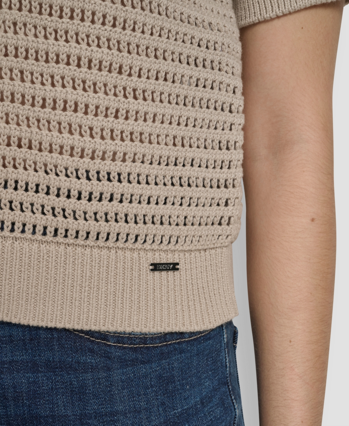 Dkny Jeans Women's Short-Sleeve Polo Collar Faux Crochet Stitch Sweater