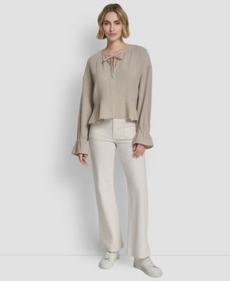 Women's Long-Sleeve Double Crepe Gauze Tie Neck Crop Top