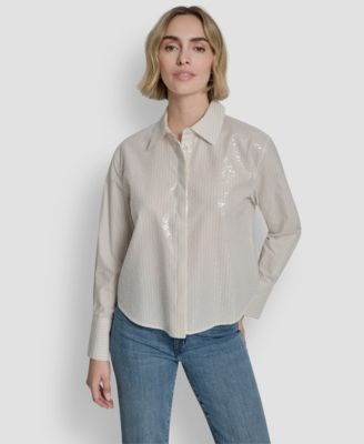 Women's Logo Embroidery and Sequin Button-Front Shirt