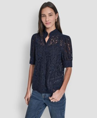 Women's Lace Puff Sleeve Stand Collar Shirt