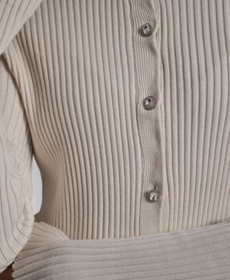 Women's Long-Sleeve Flare Ribbed Rhinestone Button Cardigan Sweater