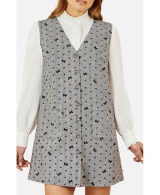 Women's Bow Print Button Up Pinafore Dress