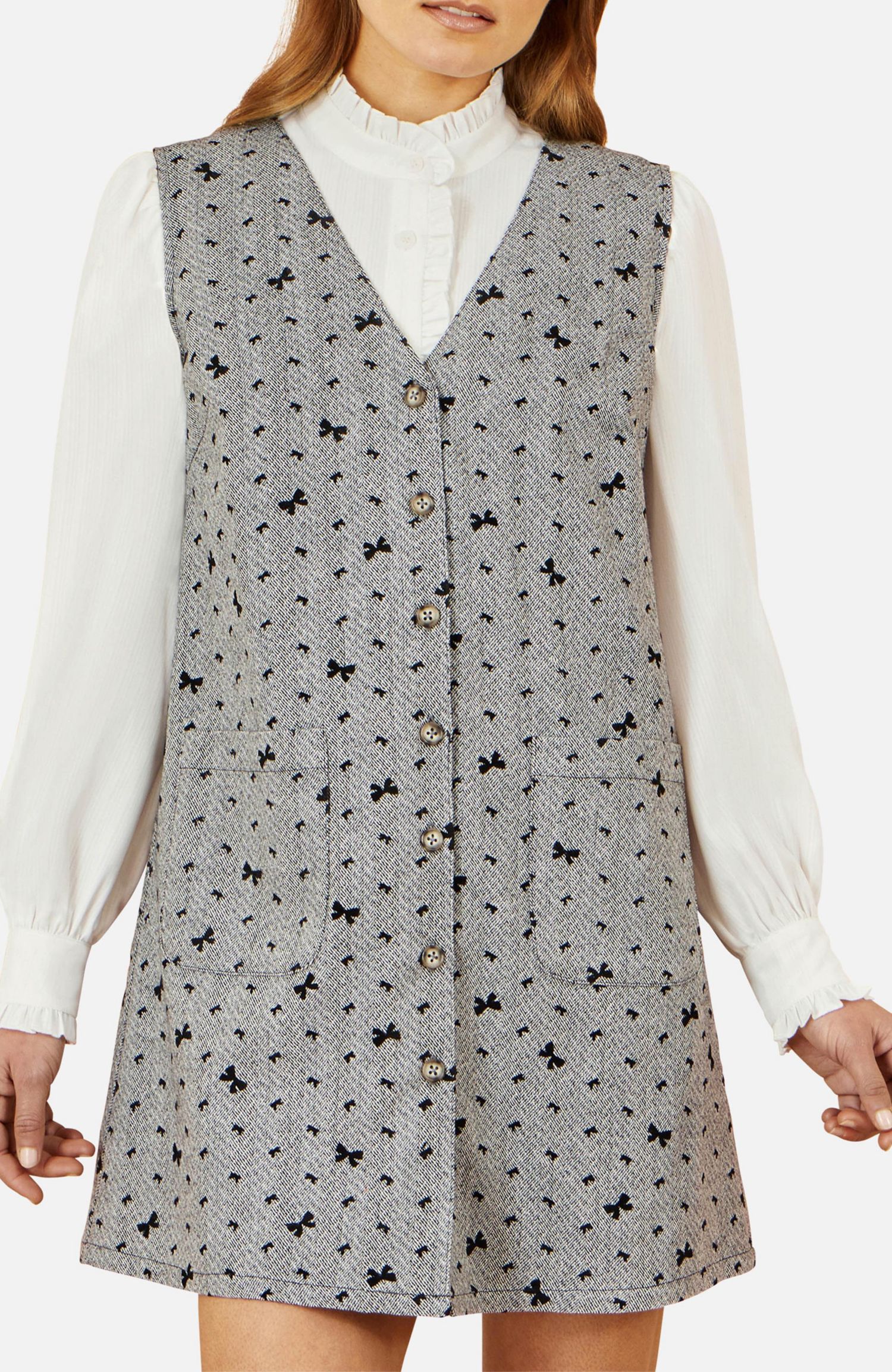 Women's Bow Print Button Up Pinafore Dress