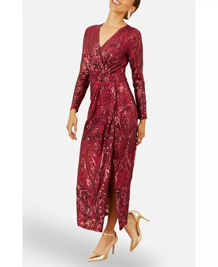 Women's Sequin Midi Long Sleeve Wrap Dress - thumbnail 8