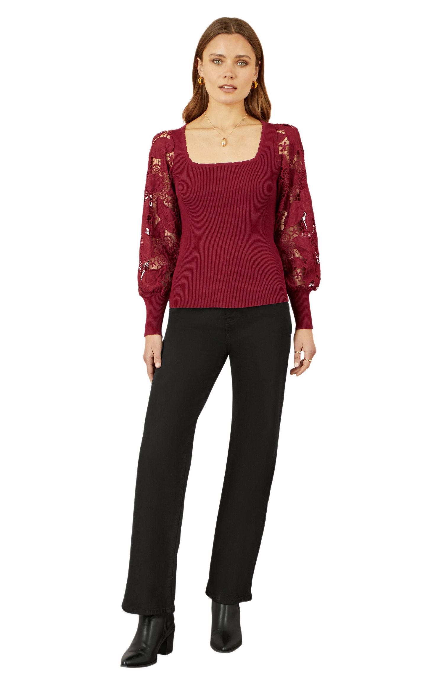 Women's Ribbed Knitted Lace Sleeve Sweater
