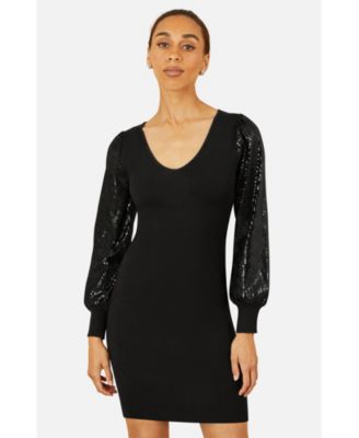 Women's Knitted Fitted Dress With Sequin Sleeves