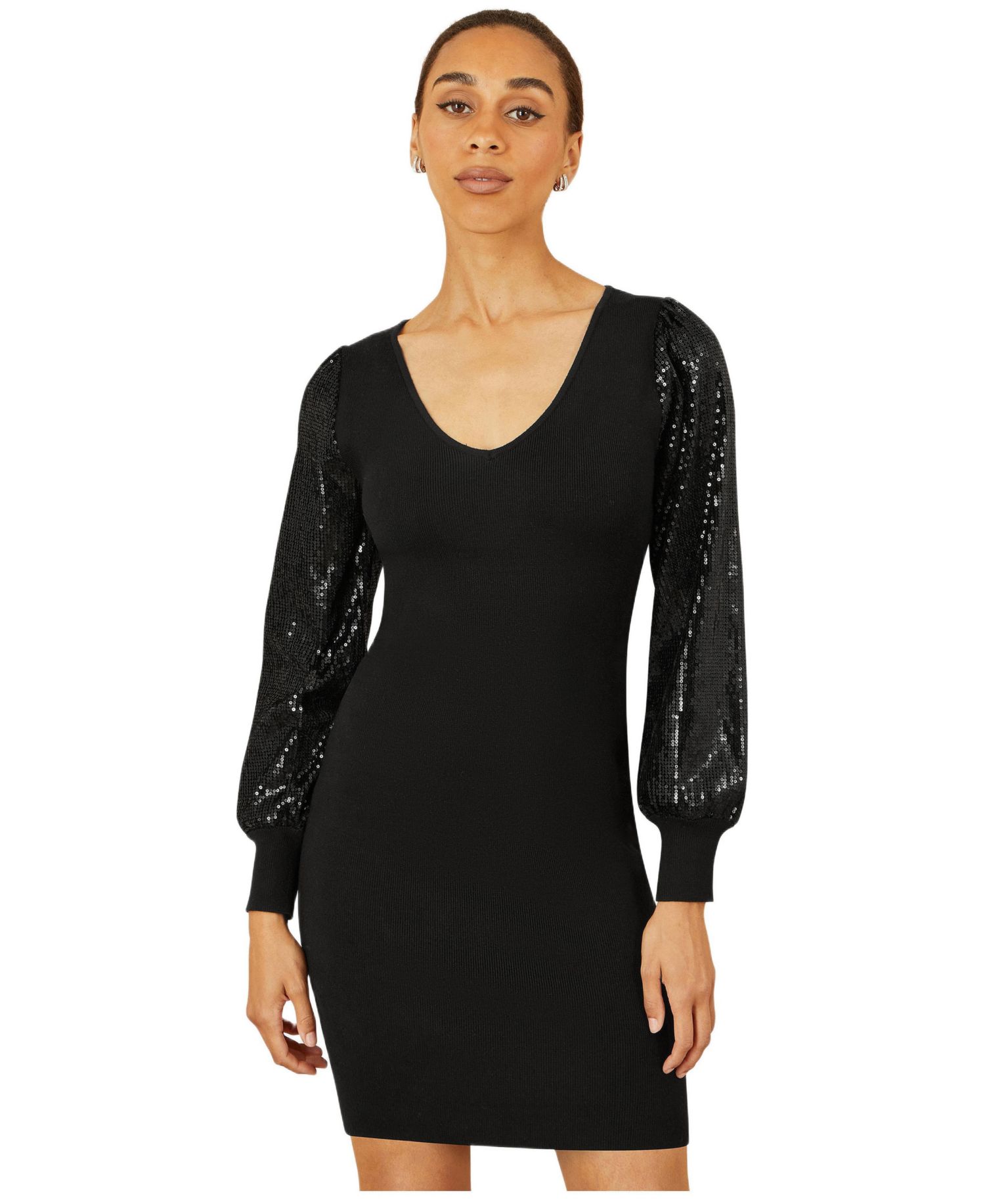 Women's Knitted Fitted Dress With Sequin Sleeves