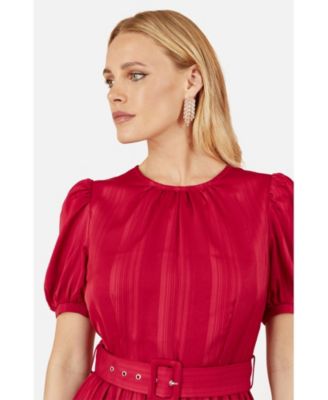 Women's Striped Satin Midi Dress Stylish Belted Partywear