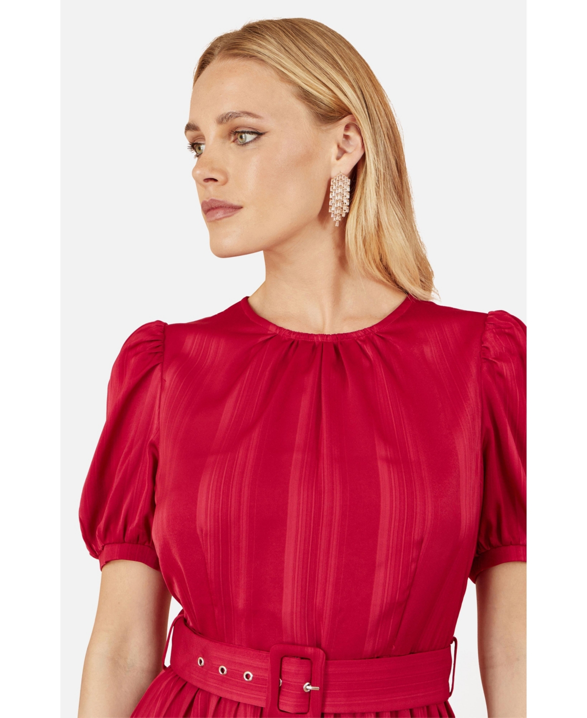 Yumi Women's Striped Satin Midi Dress Stylish Belted Partywear