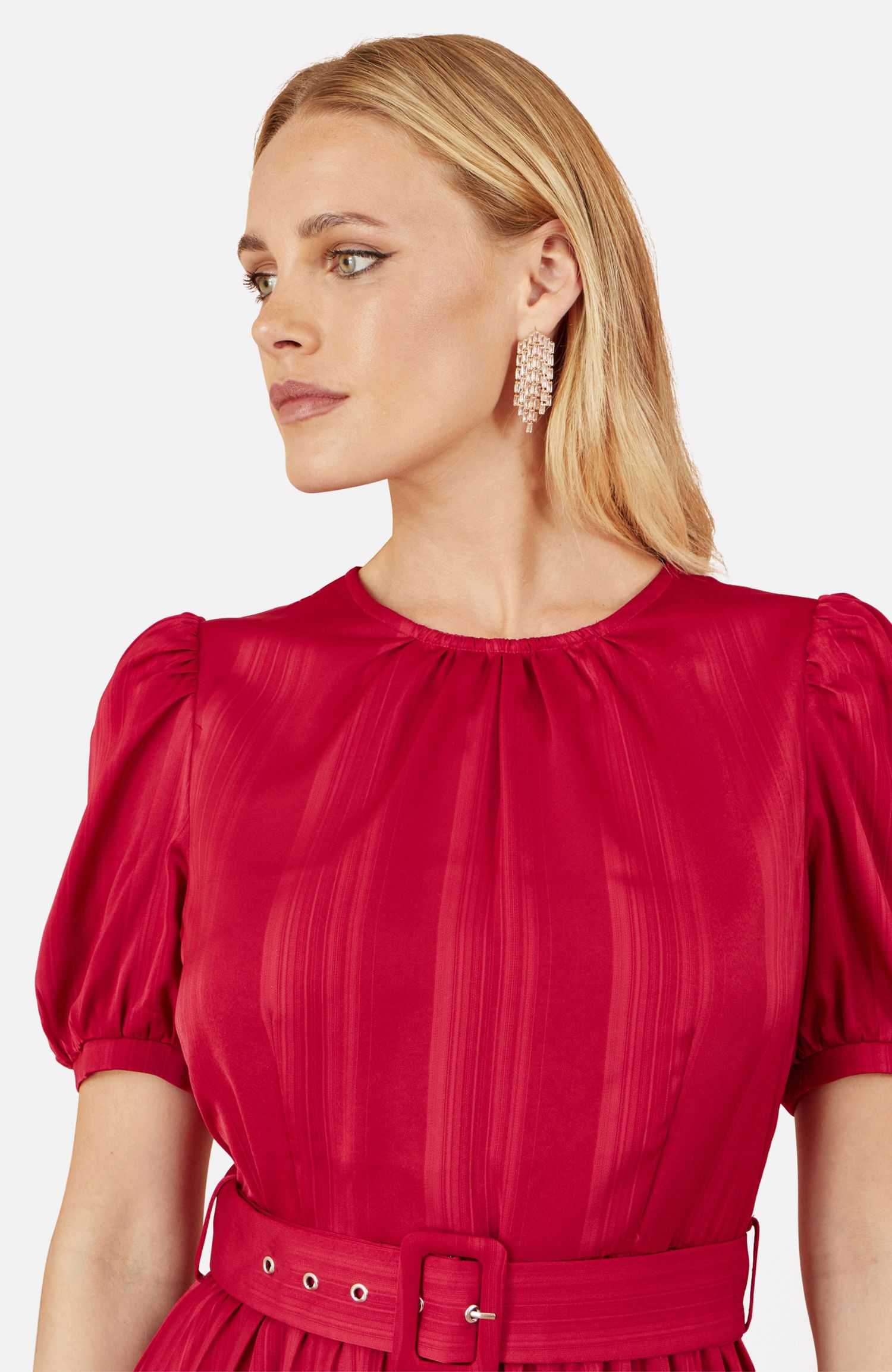Women's Striped Satin Midi Dress Stylish Belted Partywear
