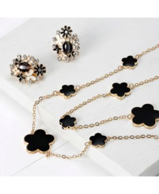 Fashion Long Double Wrap Strand Black Enamel Flower Clover Necklace Silver Plated 42 Inch