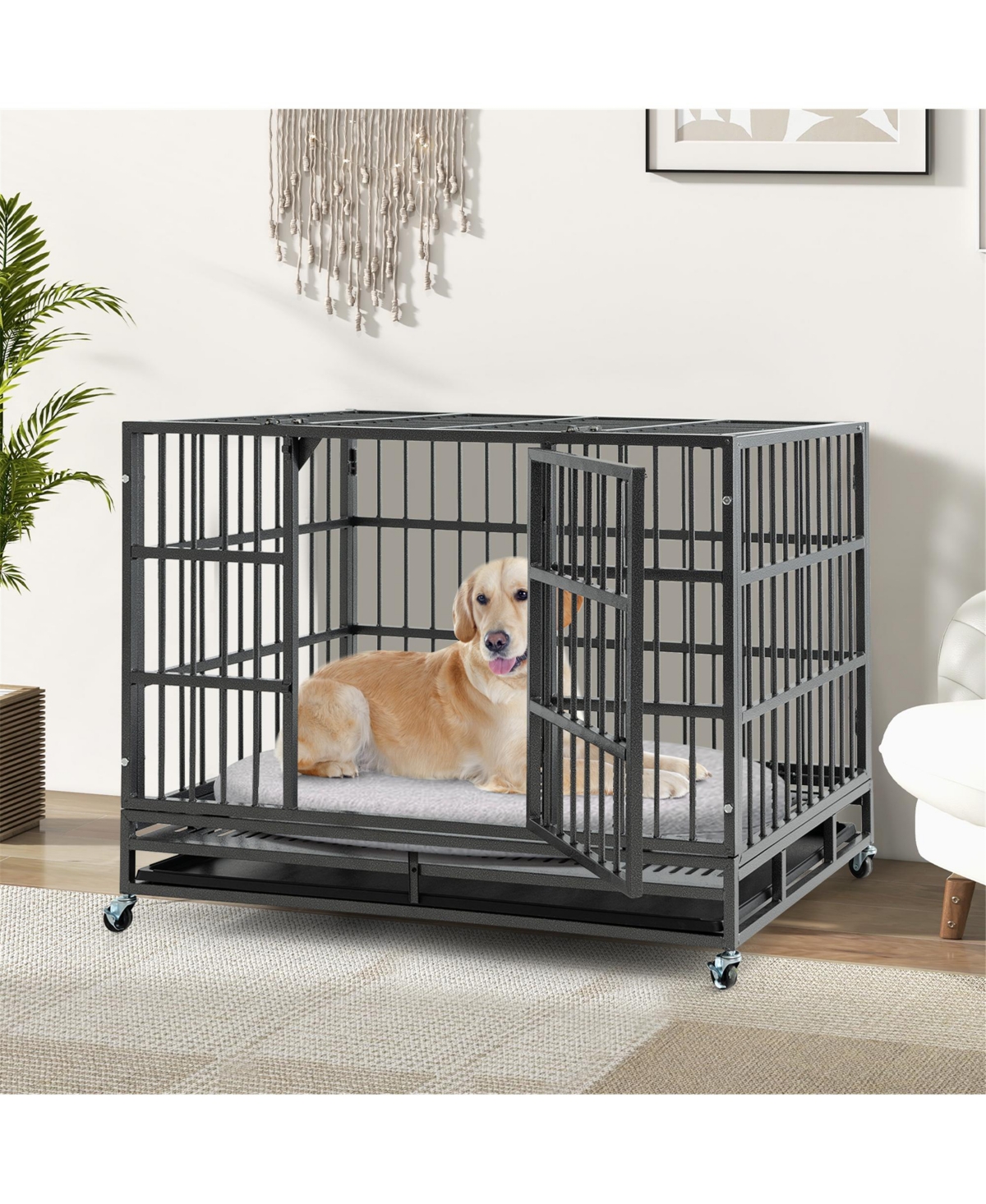 Gymax 48'' Foldable Heavy-Duty Metal Dog Cage W/ Lockable Rolling Casters