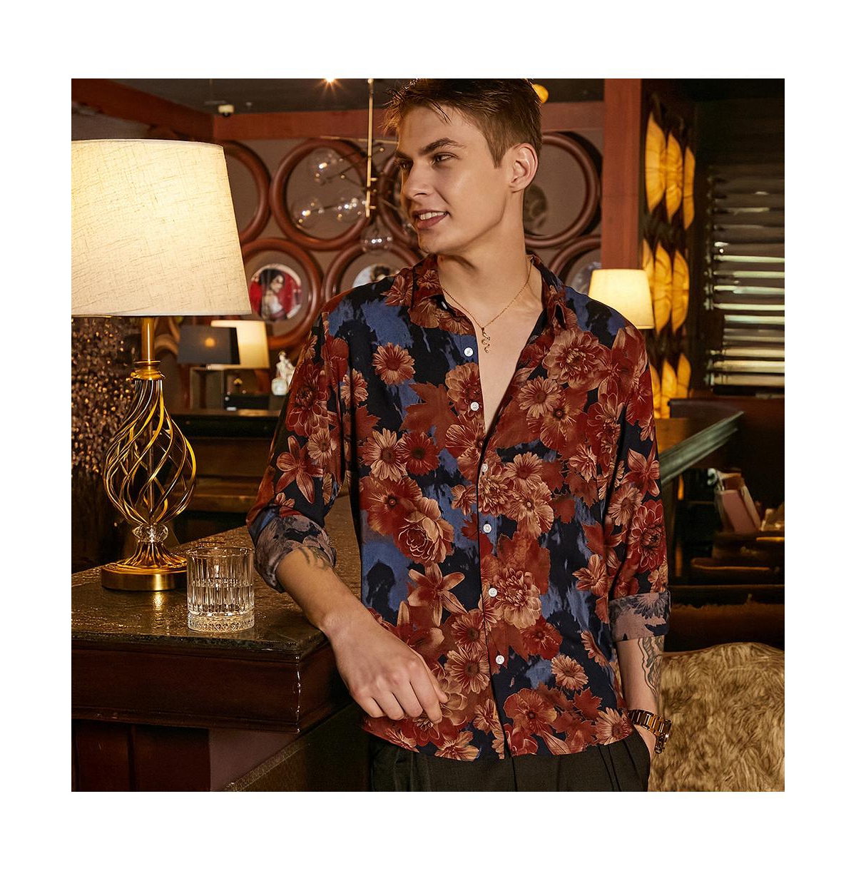 Campus Sutra Men's Chocolate Brown & Midnight Black Floral Overlap Shirt