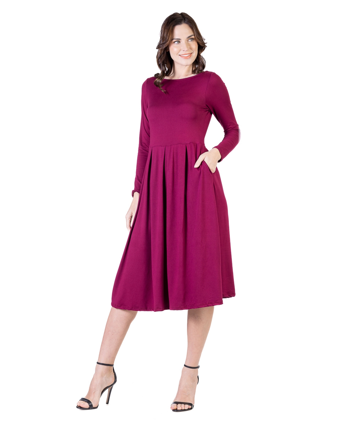 24seven Comfort Apparel Petite Midi Fit N Flare Pocket Dress