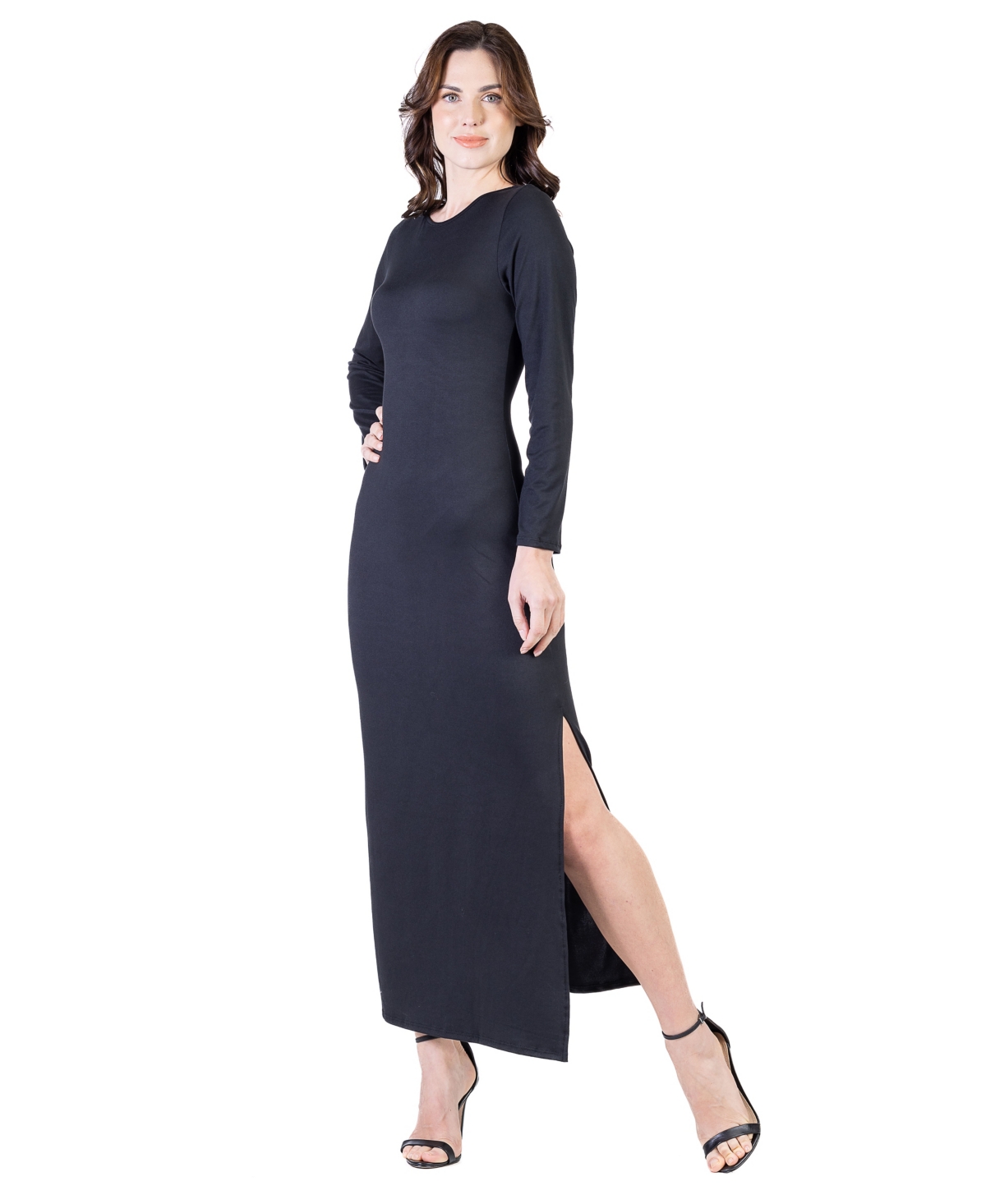 24seven Comfort Apparel Petite Long Sleeve Side Slit Fitted Maxi Dress In Black