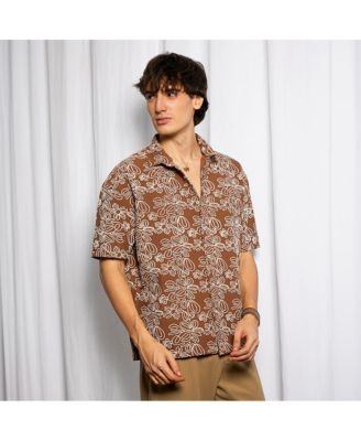 Men's Mocha Brown Floral-Lined Oversized Shirt