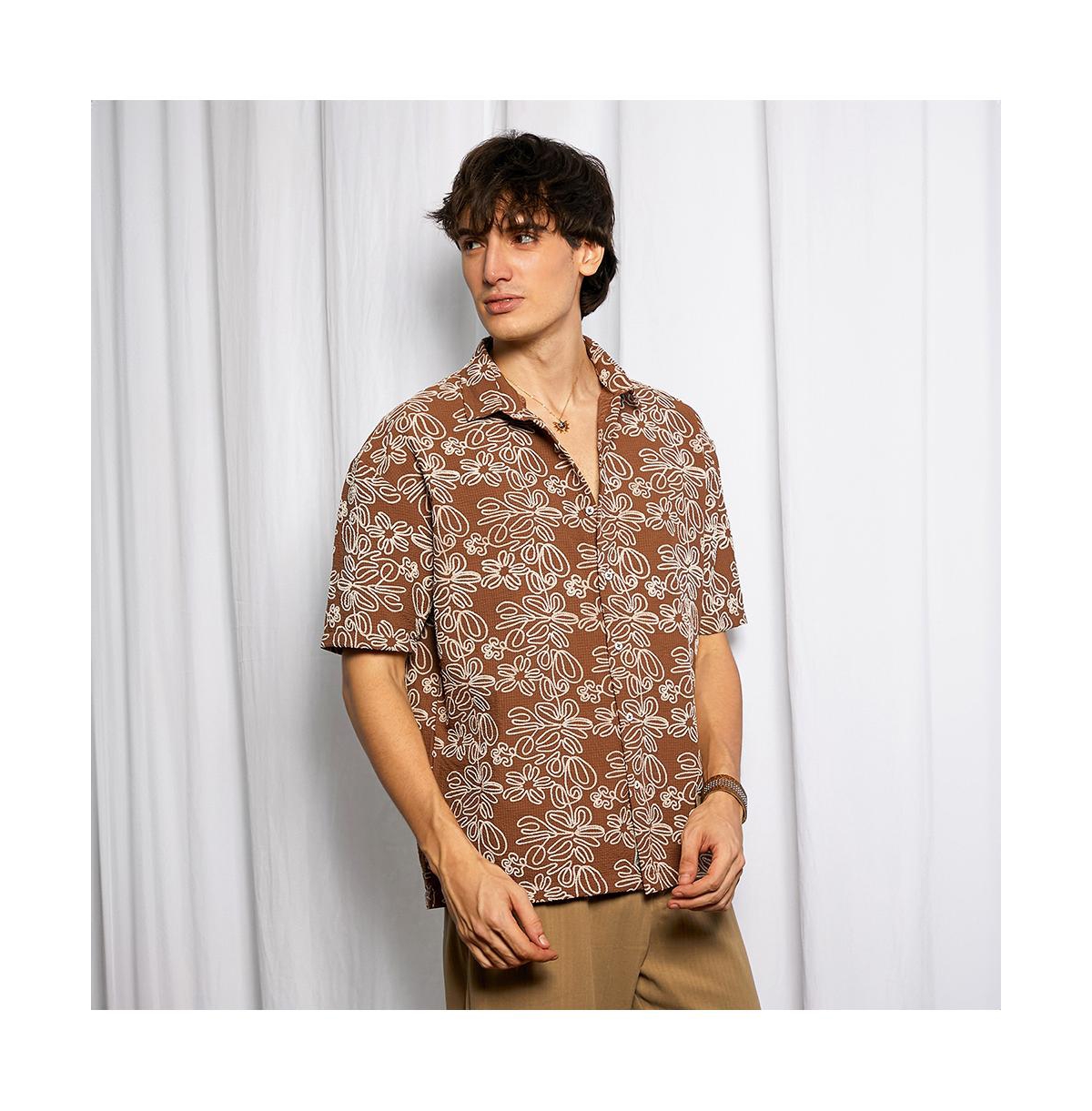Campus Sutra Men's Mocha Brown Floral-Lined Oversized Shirt