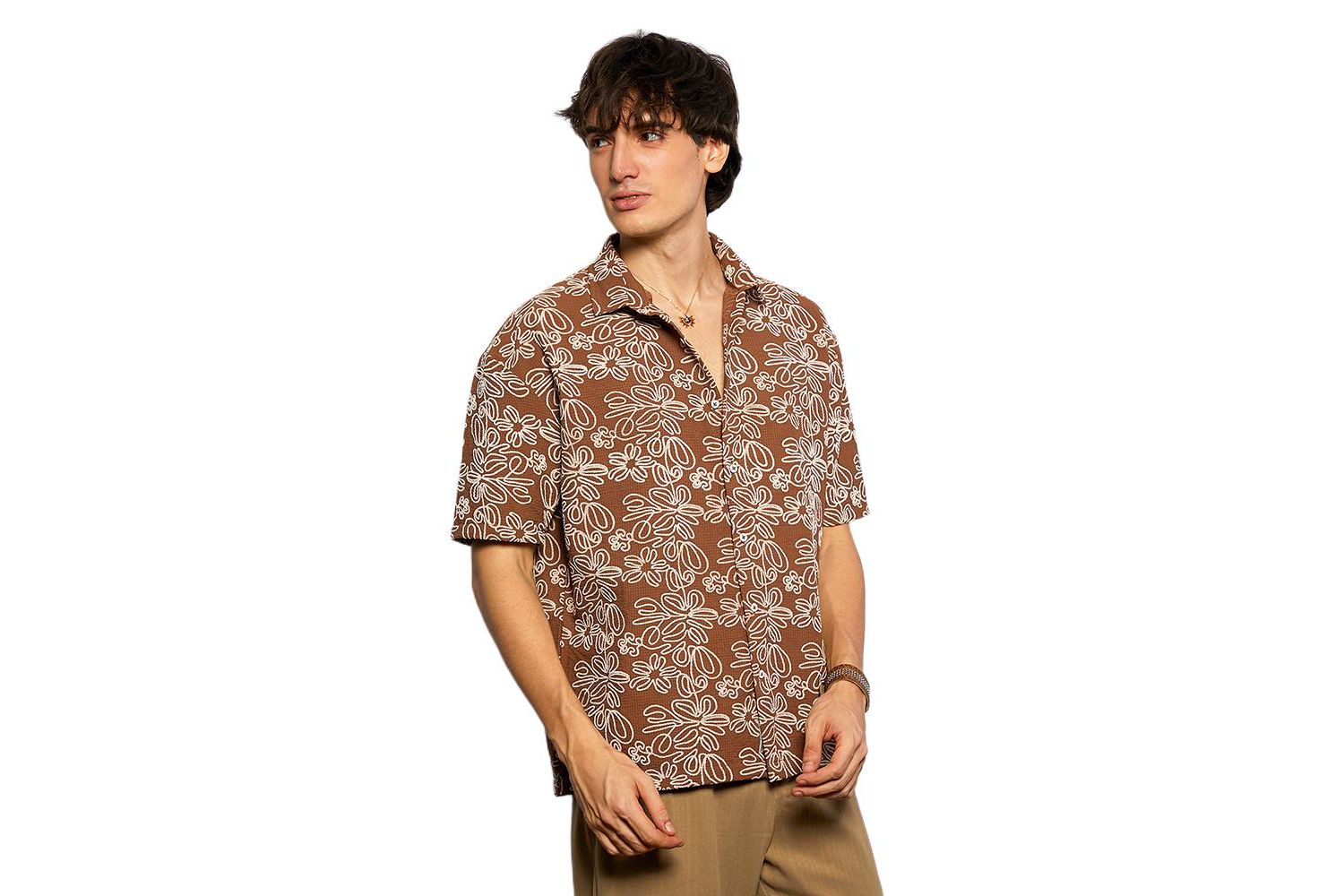 Men's Mocha Brown Floral-Lined Oversized Shirt