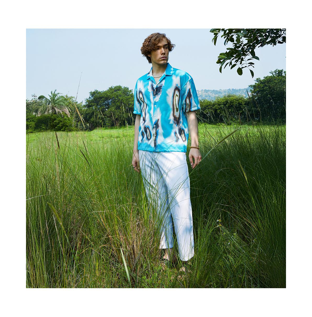 Campus Sutra Men's Sky Blue Topography Mesh Oversized Shirt