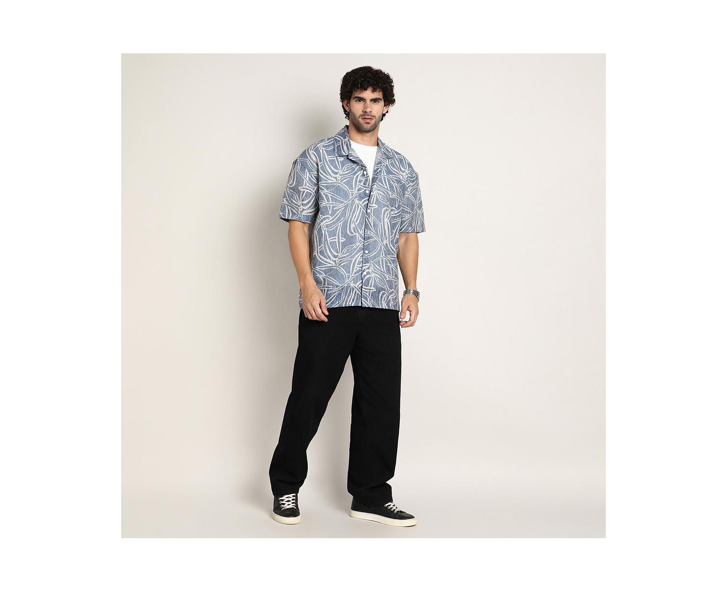 Men's Steel Blue Vine-Lines Resort Oversized Shirt
