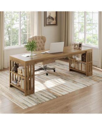 2 Person Desk, 78.7" Computer Desk with Shelves, Farmhouse Home Office Desk, Wood Heavy Duty Shelf Legs