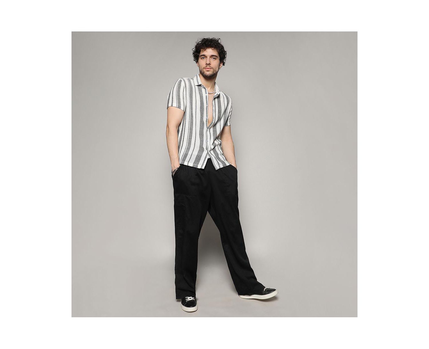 Men's White & Grey Unbalanced Striped Woven Shirt