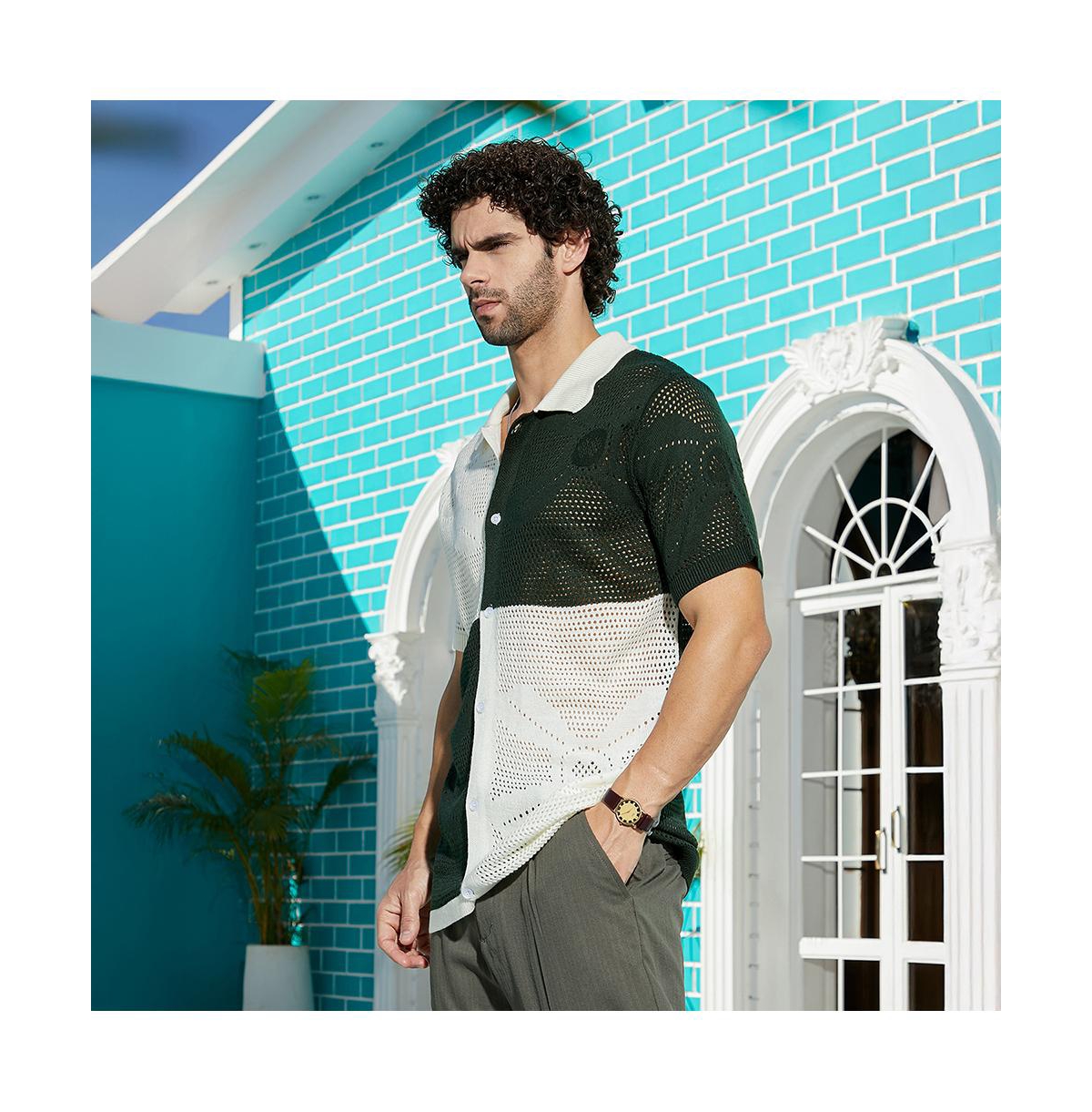 Campus Sutra Men's Emerald Green & Cream White Block Open-Knit Polo Shirt