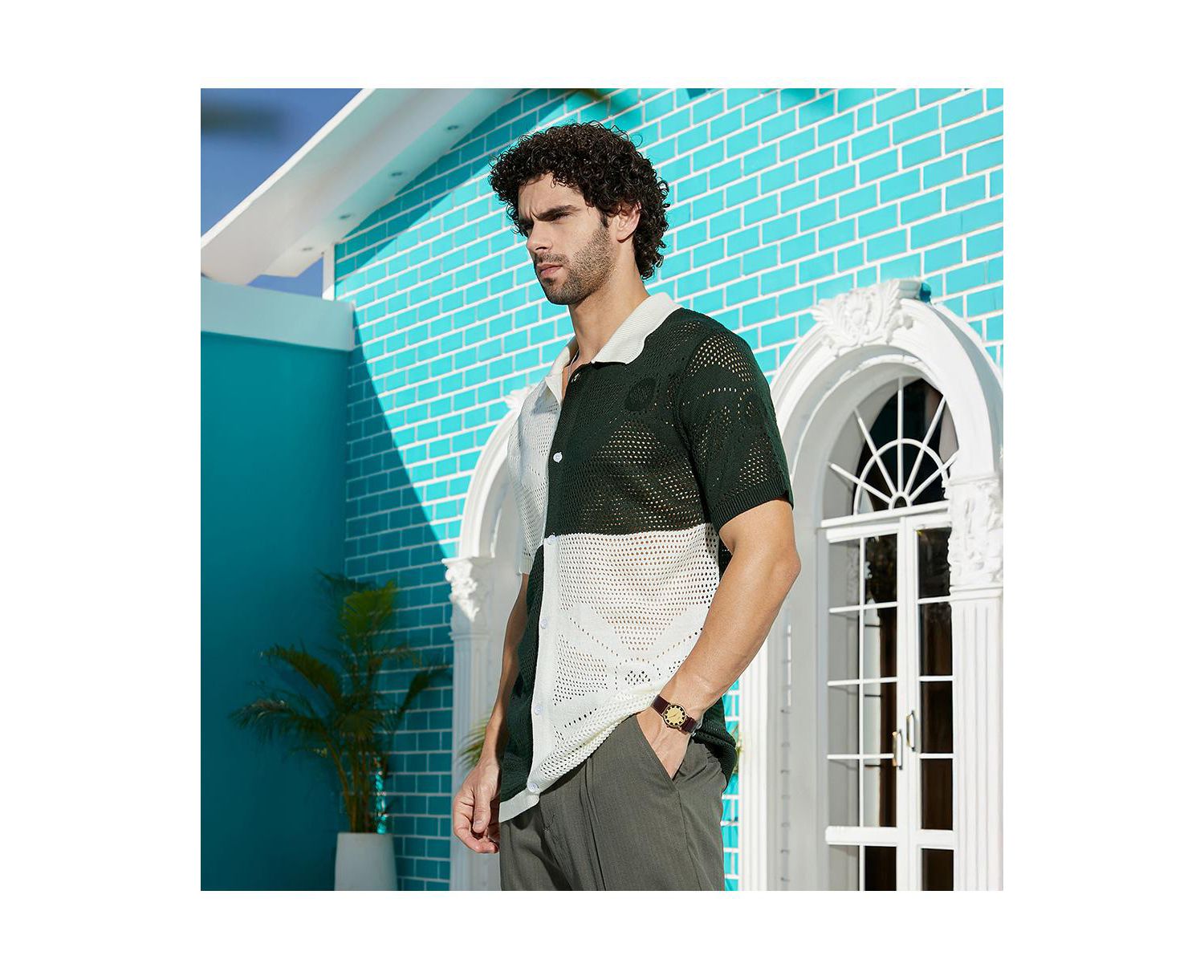 Men's Emerald Green & Cream White Block Open-Knit Polo Shirt