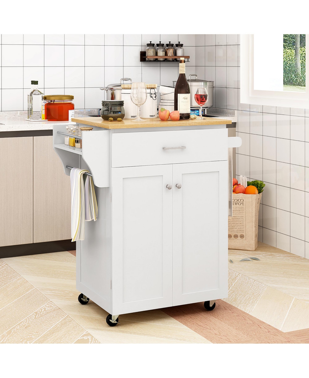 Gymax Kitchen Island on Wheels Rolling Kitchen Cart w/ Drawer & Storage Cabinet Spice Rack